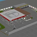 Gas Station With Red Canopy Fuel Pumps And Pedestrians Nearby Vehicles