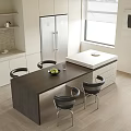 Modern Dining Table Set With Wooden Table Black Chairs Stainless Steel Refrigerator Cabinets And Window