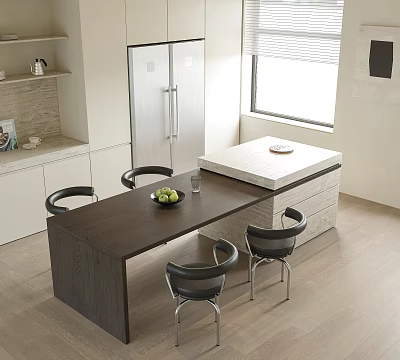 Modern Dining Table Set With Wooden Table Black Chairs Stainless Steel Refrigerator Cabinets And Window 3d model