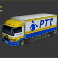 PTT Yellow White And Blue Box Cargo Truck On Reflective Surface