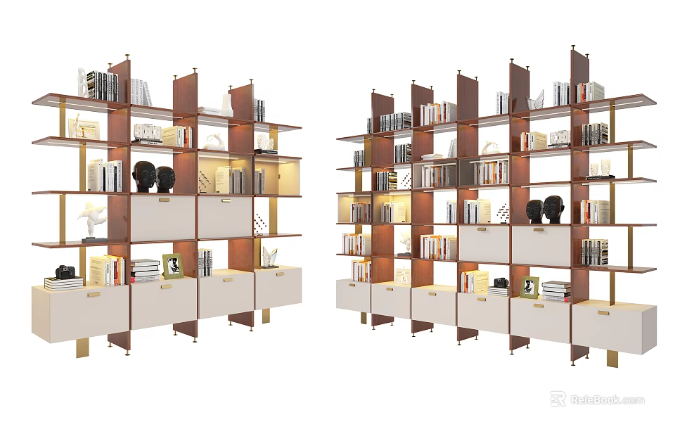 Stylish Modern Bookcase With Wooden Frame White Shelves Books And Decorative Items 3d model 
