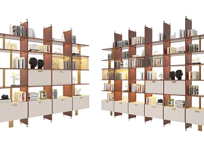 Stylish Modern Bookcase With Wooden Frame White Shelves Books And Decorative Items 3d model