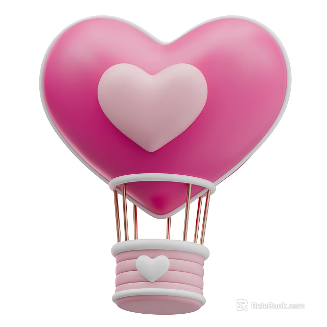 Pink Heart Shaped Hot Air Balloon Decorative Ornament Set With Small Heart Detail And Basket 3d model 