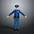 Man In Blue Police Uniform With Hat Standing Arms Outstretched On Gray Background