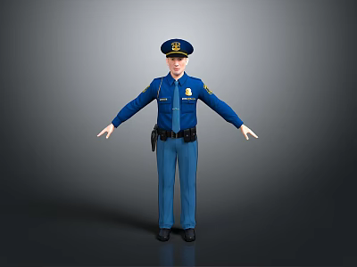 Man In Blue Police Uniform With Hat Standing Arms Outstretched On Gray Background 3d model