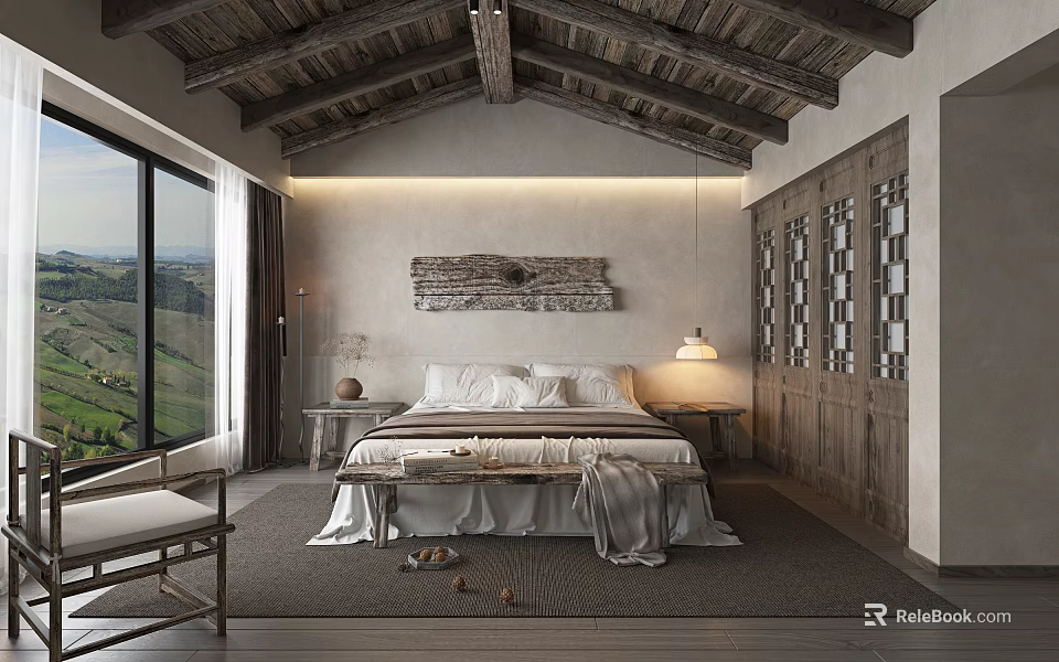 Rustic Hotel Guest Room With Wooden Beam Ceiling Large Bed And Valley View 3d model 