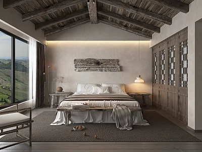 Rustic Hotel Guest Room With Wooden Beam Ceiling Large Bed And Valley View 3d model