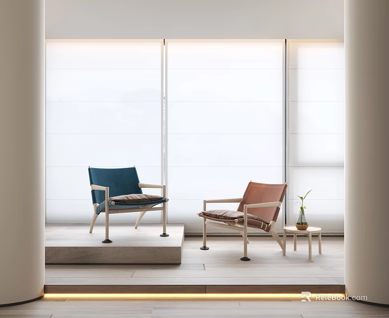 Modern Leisure Chairs With Blue Brown Upholstery By Window With Natural Light And Side Table 3d model 