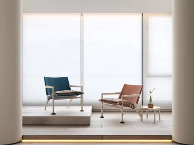 Modern Leisure Chairs With Blue Brown Upholstery By Window With Natural Light And Side Table 3d model