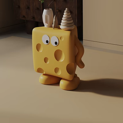 Cute Yellow Cheese Shaped Cartoon Style Side Table With Eyes And Stacked Rings 3d model