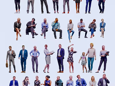 Group of People in Diverse Poses and Various Outfits Standing and Sitting 3d model