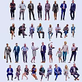 Group of People in Diverse Poses and Various Outfits Standing and Sitting