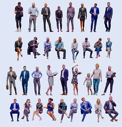 Group of People in Diverse Poses and Various Outfits Standing and Sitting 3d model