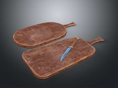 Food Preparation With Two Wooden Cutting Boards And Blue Bladed Knife 3d model