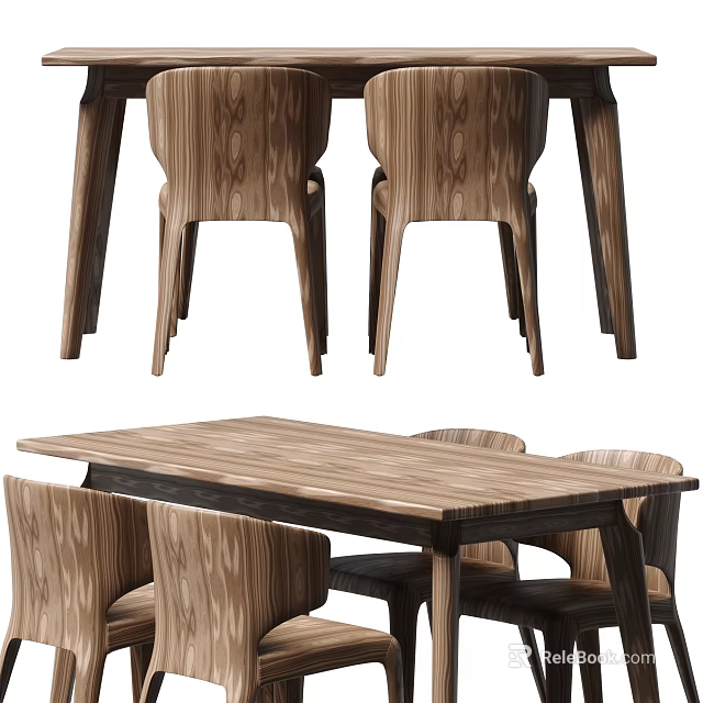 Modern Wooden Dining Table Set With Sturdy Chairs And Smooth Tabletop 3d model 