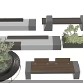 Contemporary Modern Landscape Seats Design With Wooden Metal Structure Circular Rectangular Shapes And Green Plants