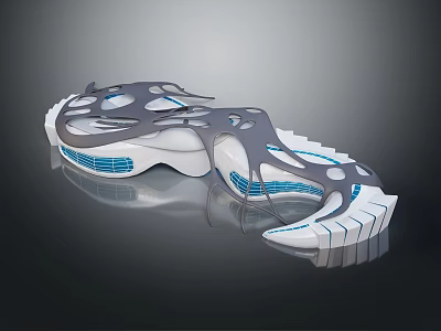 Cartoon Scene Featuring Futuristic Abstract Structure Gray White Body Blue Details Reflective Surface Dark Background 3d model
