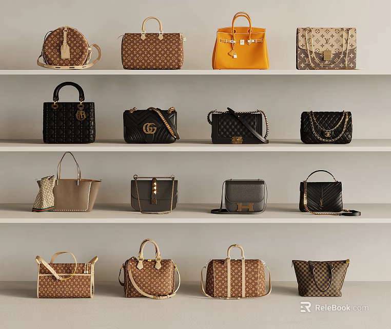 Fashionable Handbags Collection With Various Styles Colors and Designs Displayed on Shelves 3d model 