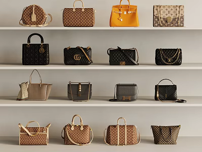 Fashionable Handbags Collection With Various Styles Colors and Designs Displayed on Shelves 3d model