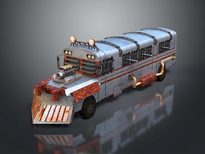 Custom Industrial Style Bus With Silver Metal Body Red Accents And Front Structure Design 3d model