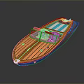 Modern Wooden Speedboat with Orange Brown Planks Blue Seats and Metal Accents