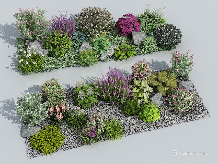 Various Colorful Flowers And Mixed Green Plants In Garden Landscape With Decorative Stones 3d model 