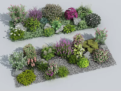 Various Colorful Flowers And Mixed Green Plants In Garden Landscape With Decorative Stones 3d model