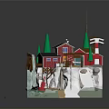 Miniature Scene Model Featuring Red Houses Green Trees Lighthouse Bridge Cave And Ladder