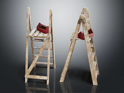 Two Wooden Ladders With Red Boxes On Steps Against Dark Background 3d model