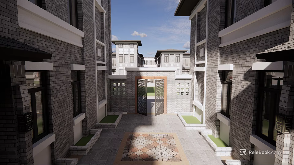 Detached Villa Courtyard With Symmetric Brick Walls Stone Pathway And Greenery 3d model 