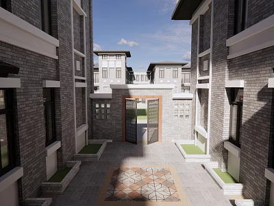 Detached Villa Courtyard With Symmetric Brick Walls Stone Pathway And Greenery 3d model