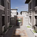 Detached Villa Courtyard With Symmetric Brick Walls Stone Pathway And Greenery