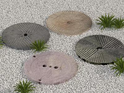 Circular Decorative Stepping Stones in White Gravel Garden With Green Grass Plants 3d model