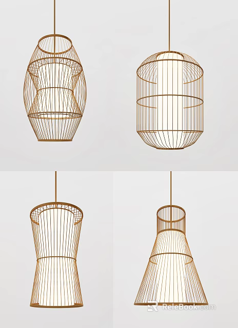 Modern Metallic Wire Pendant Lights with Geometric Cage Shapes for Interior Design 3d model 