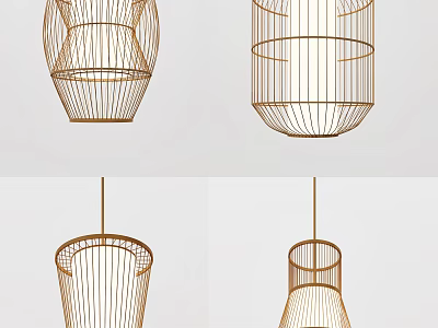 Modern Metallic Wire Pendant Lights with Geometric Cage Shapes for Interior Design 3d model