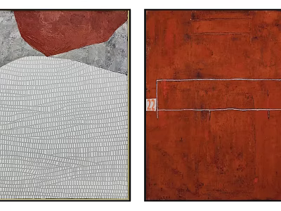 Two Abstract Art Paintings With Textured Surfaces And Geometric Patterns In Red Gray And White 3d model