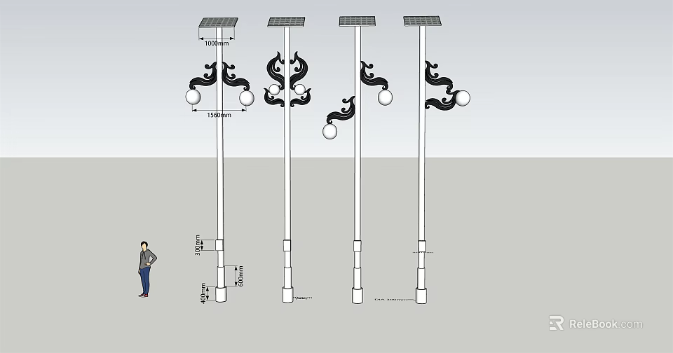 Solar Powered Outdoor Lights With Decorative Pole Design And LED Bulbs 3d model 