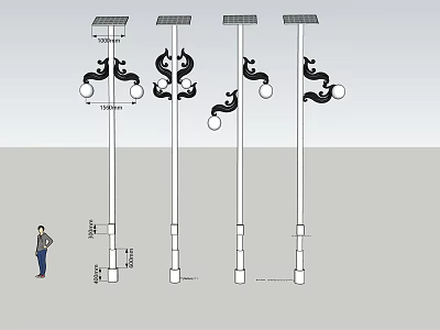 Solar Powered Outdoor Lights With Decorative Pole Design And LED Bulbs 3d model