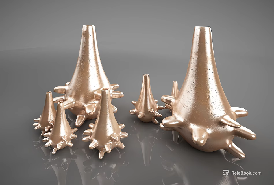 Golden Spiked Cone Shaped Decorative Ornament Set With Shiny Metallic Finish 3d model 