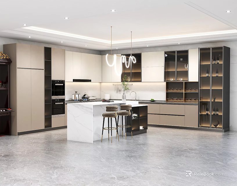 Modern Kitchen Interior Featuring Marble Island Countertop Cabinets And Pendant Lights 3d model 