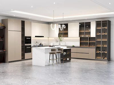 Modern Kitchen Interior Featuring Marble Island Countertop Cabinets And Pendant Lights 3d model