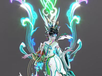 Gorgeous Ancient Style Game Movie Character With Luminous Ribbons And Ornate Headdress 3d model