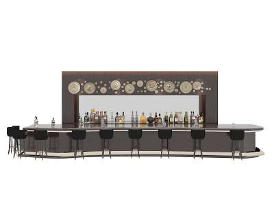 Modern Bar Interior With Circular Wall Decor Liquor Bottles And Black Stools 3d model