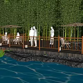Serene Waterfront Landscape with Wooden Deck Sun Umbrellas and People Relaxing by Bamboo Grove