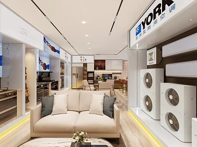Modern YORK Showroom Interior Featuring Beige Sofa Air Conditioners And Kitchen Area 3d model