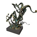 Artistic Bronze Decorative Ornament Set With Figural Design Curved Elements And Square Base