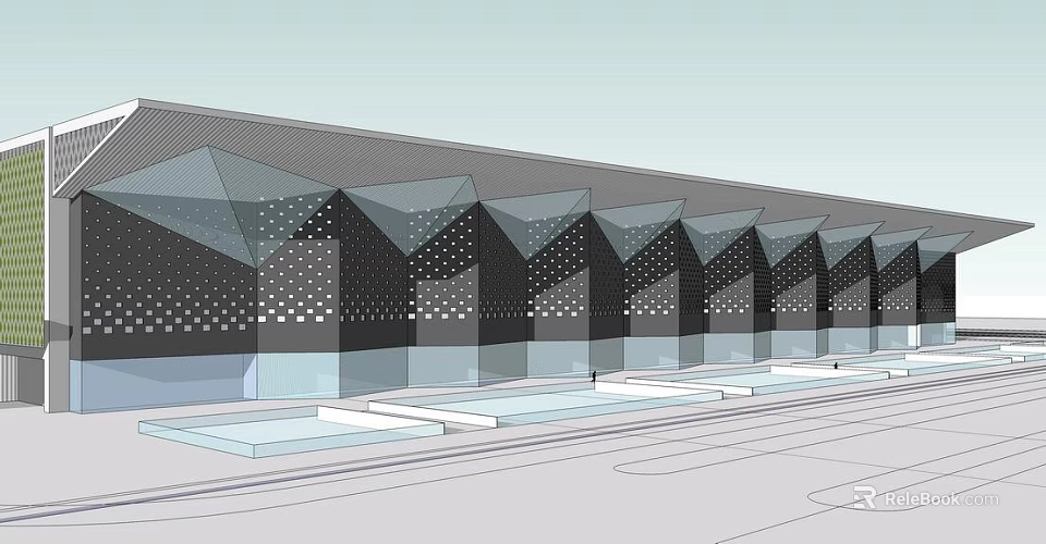 Contemporary Shower Sauna Building With Geometric Perforated Walls Multiple Triangular Structures And Platform Steps 3d model 