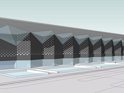 Contemporary Shower Sauna Building With Geometric Perforated Walls Multiple Triangular Structures And Platform Steps 3d model
