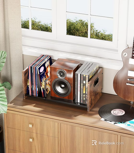 Cozy Home Theater Room With Wooden Speaker Vinyl Records Guitar And Plant Setup 3d model 