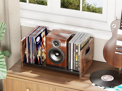 Cozy Home Theater Room With Wooden Speaker Vinyl Records Guitar And Plant Setup 3d model